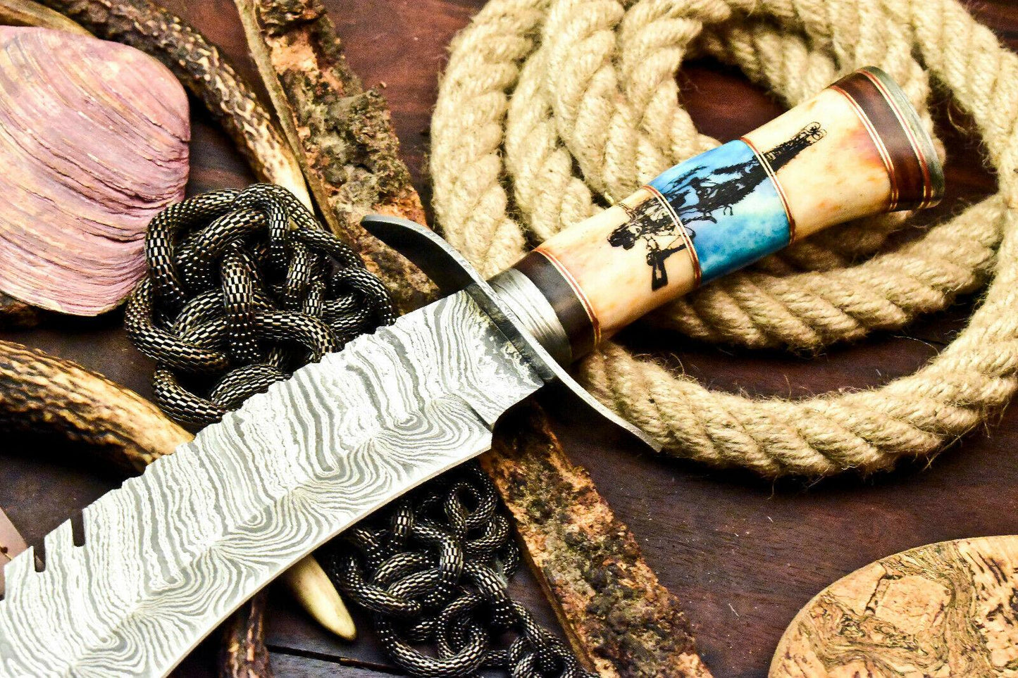 18.5" Heirloom-Grade Damascus Bowie with Camel Bone Handle