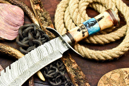 18.5" Heirloom-Grade Damascus Bowie with Camel Bone Handle