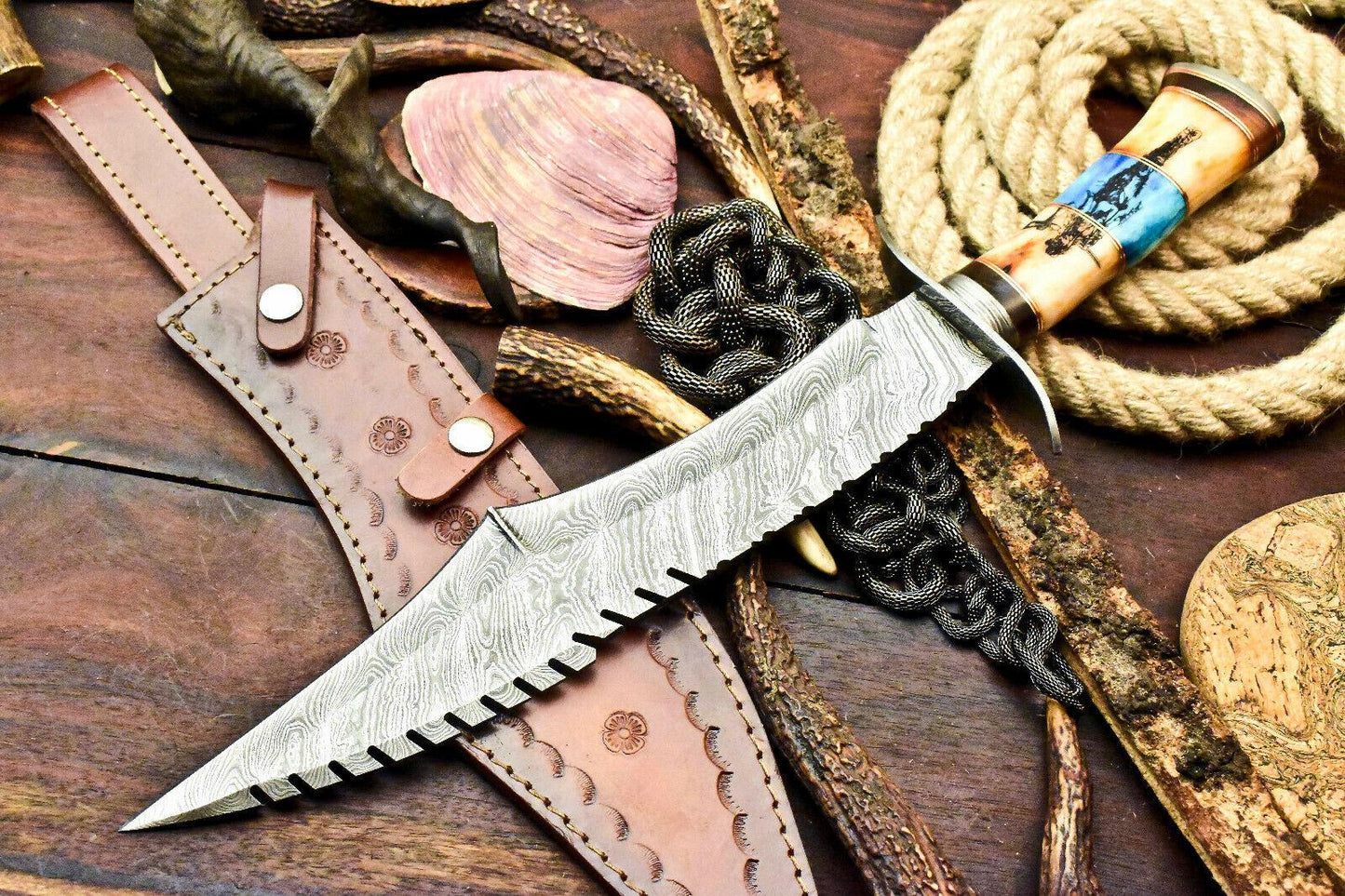 18.5" Heirloom-Grade Damascus Bowie with Camel Bone Handle