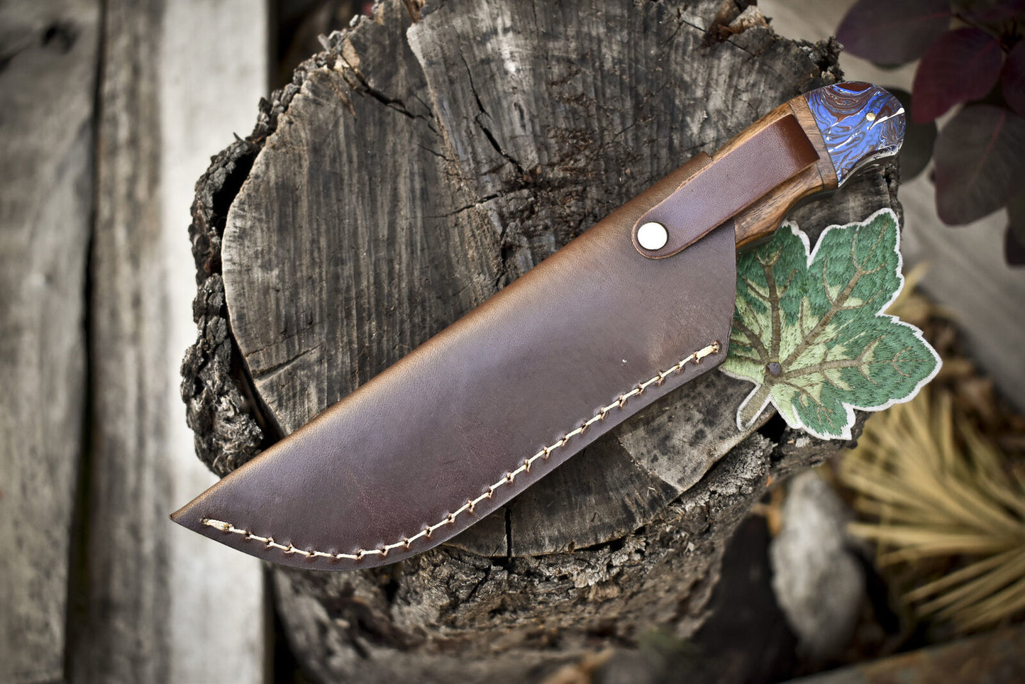 Handmade Twist Damascus Skinner Knife with Walnut Wood Handle for Hiking & Hunting