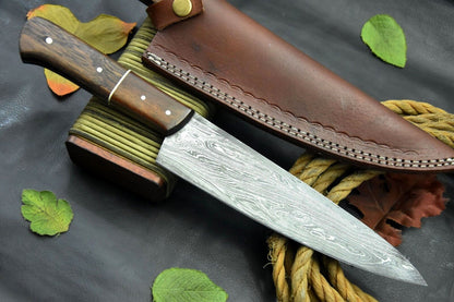 Custom San Mai Damascus Steel Chef Knife with Walnut Handle – 8.3" Ladder Pattern Blade, 512 Layers, 58-60 HRC