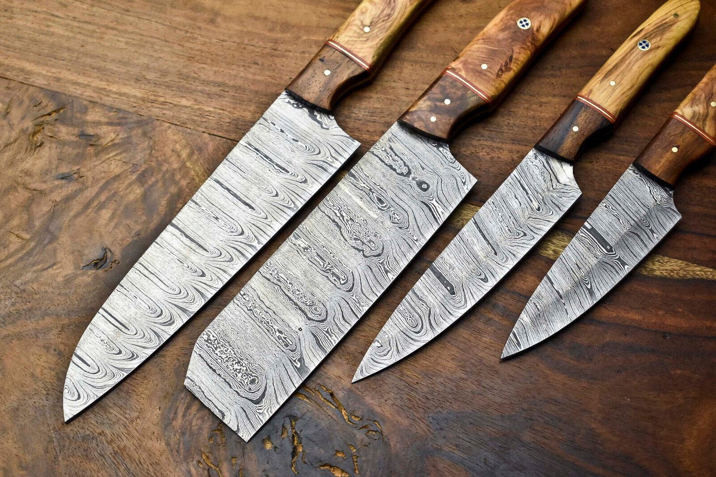 Lot of 4 Handmade Damascus Steel Blade Chef Knife Set – 384 Layer Forged, Full Tang