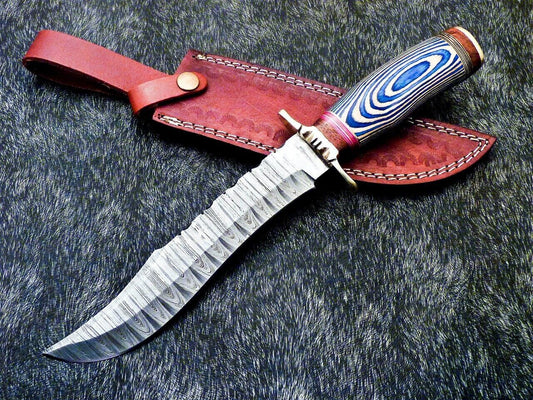 13" Authentic Hand Forged Damascus Blade Hunting Bowie Knife | Hard Wood Handle & Leather Sheath