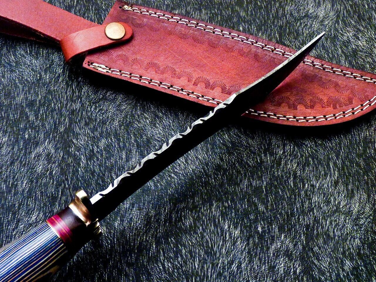 13" Authentic Hand Forged Damascus Blade Hunting Bowie Knife | Hard Wood Handle & Leather Sheath