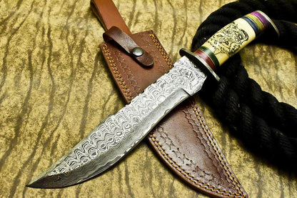 Handmade Damascus Steel Bowie Knife | 13.1" Camel Bone Scrimshaw Hunting Blade