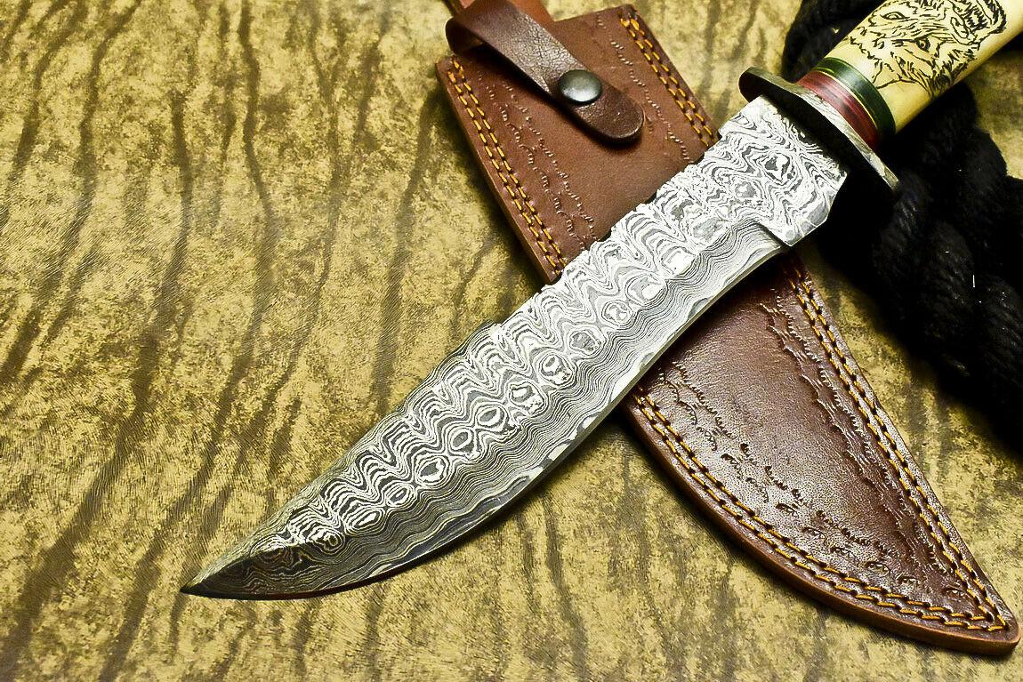 Handmade Damascus Steel Bowie Knife | 13.1" Camel Bone Scrimshaw Hunting Blade