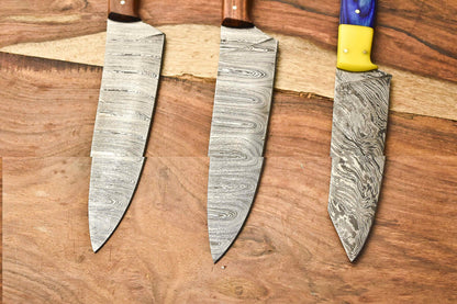 Lot of 3 Handmade Damascus Steel Full Tang Chef Knife Set – 384 Layers, Professional Kitchen Knives
