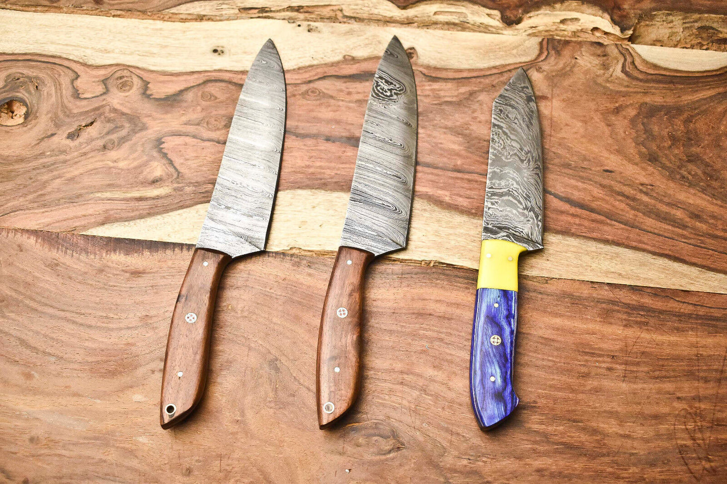 Lot of 3 Handmade Damascus Steel Full Tang Chef Knife Set – 384 Layers, Professional Kitchen Knives