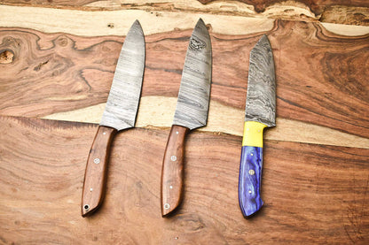 Lot of 3 Handmade Damascus Steel Full Tang Chef Knife Set – 384 Layers, Professional Kitchen Knives