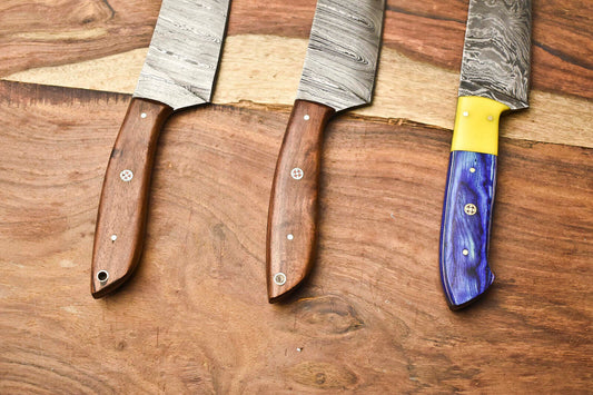 Lot of 3 Handmade Damascus Steel Full Tang Chef Knife Set – 384 Layers, Professional Kitchen Knives