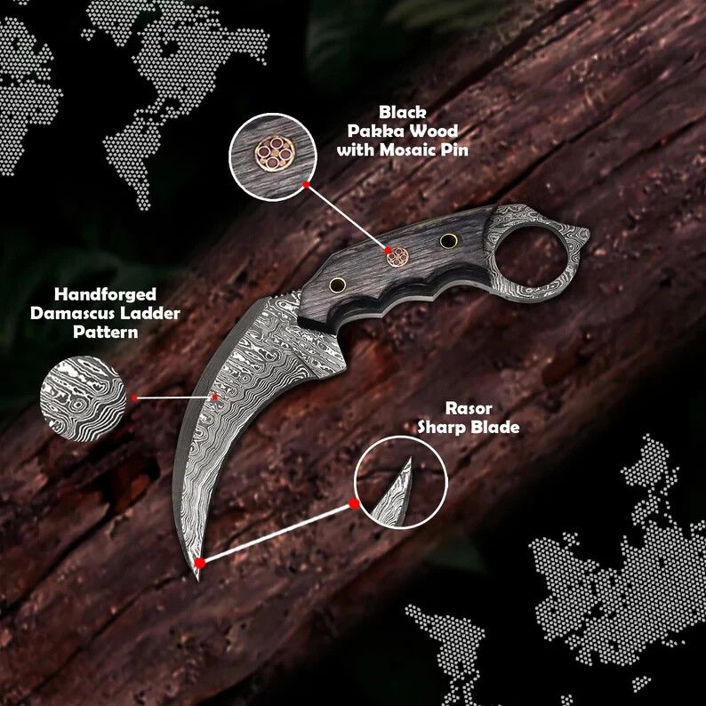 Handmade 8.25” Damascus Double Edged Karambit Knife Best Karambit PakkaWood Handle