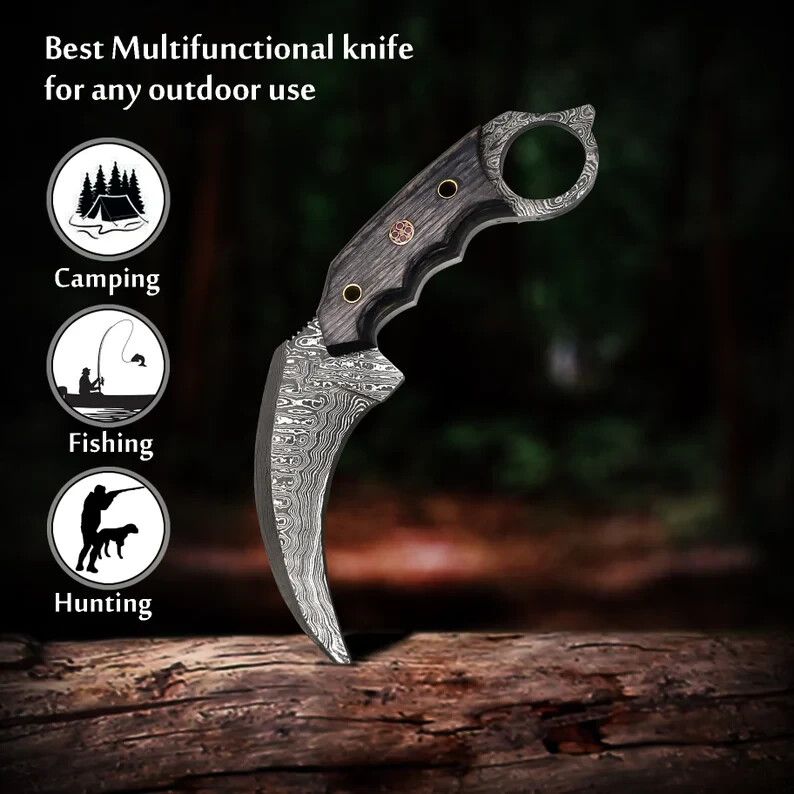 Handmade 8.25” Damascus Double Edged Karambit Knife Best Karambit PakkaWood Handle