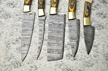 Stunning Handmade Hammered Damascus Steel Chef Knife Set – 5-Piece Custom Collection