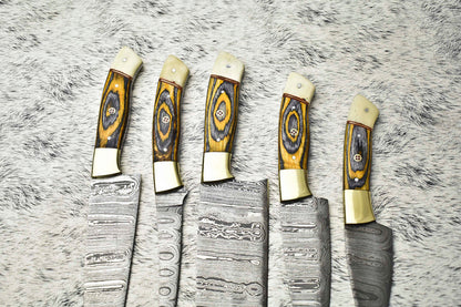 Stunning Handmade Hammered Damascus Steel Chef Knife Set – 5-Piece Custom Collection