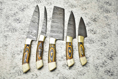 Stunning Handmade Hammered Damascus Steel Chef Knife Set – 5-Piece Custom Collection