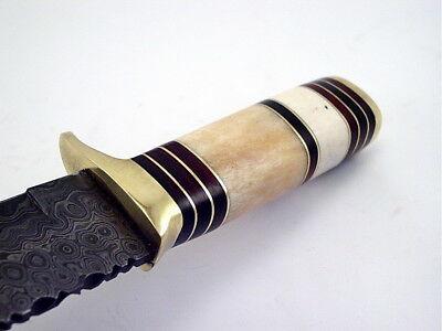 12” Handmade Damascus Bowie Knife | White Camel Bone Handle & Brass Bolster