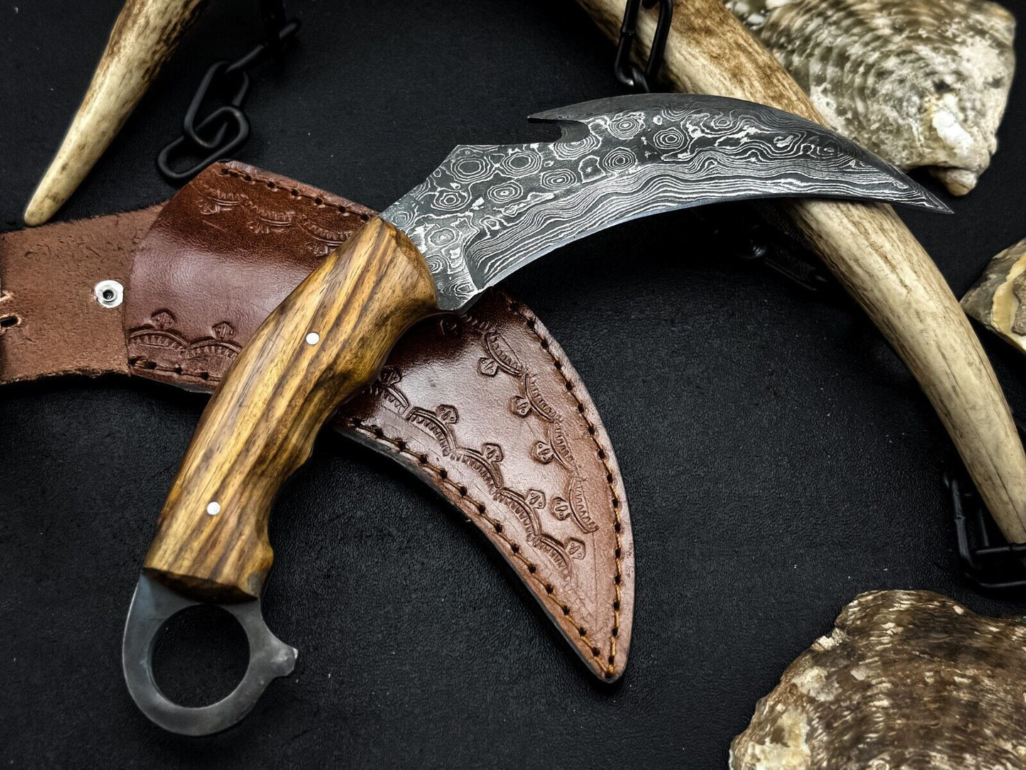 Handmade 8” Damascus Steel Karambit Knife Full Tang Best Karambit with Wood Handle