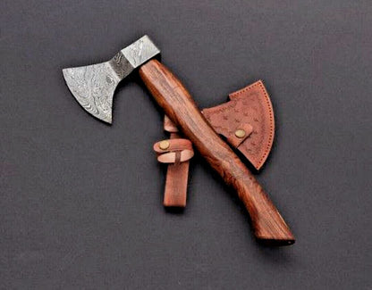 Custom Made Hand Forged Damascus Steel Axe Tomahawk Hatchet with Wood Handle and Leather Sheath