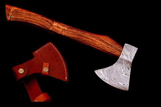 Custom Made Hand Forged Damascus Steel Axe Tomahawk Hatchet with Wood Handle and Leather Sheath