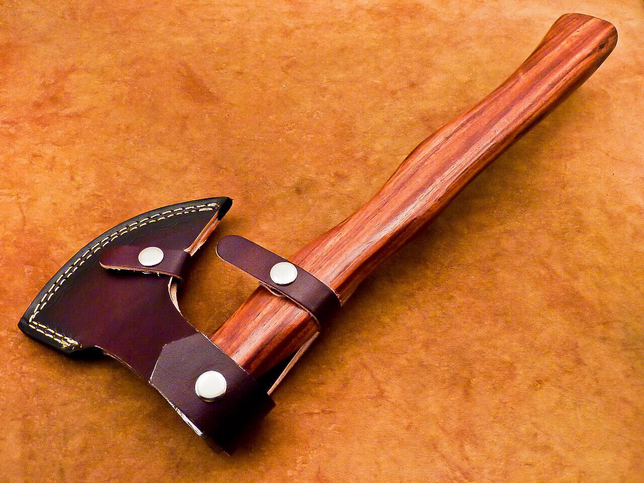 Handmade Damascus Steel Tomahawk Axe 16-Inch with Natural Wood Handle and Leather Sheath