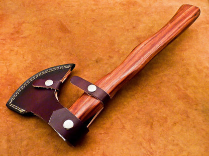 Handmade Damascus Steel Tomahawk Axe 16-Inch with Natural Wood Handle and Leather Sheath