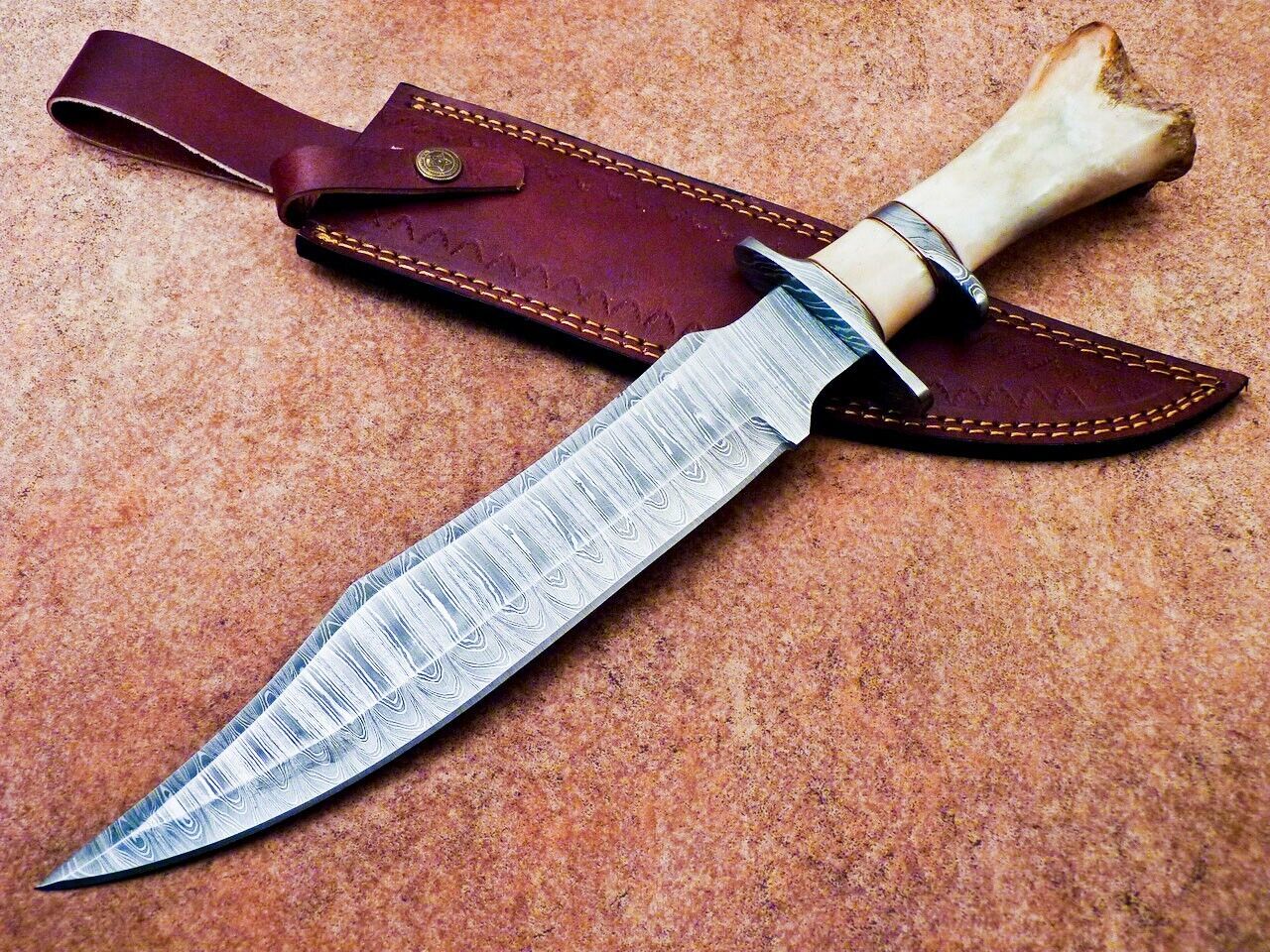 15 Inch Damascus Steel Bowie Knife with Camel Bone Handle