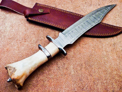 15 Inch Damascus Steel Bowie Knife with Camel Bone Handle