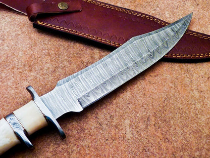15 Inch Damascus Steel Bowie Knife with Camel Bone Handle