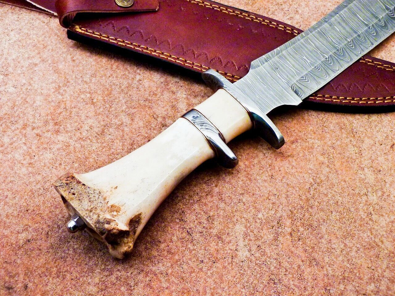 15 Inch Damascus Steel Bowie Knife with Camel Bone Handle