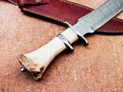 15 Inch Damascus Steel Bowie Knife with Camel Bone Handle