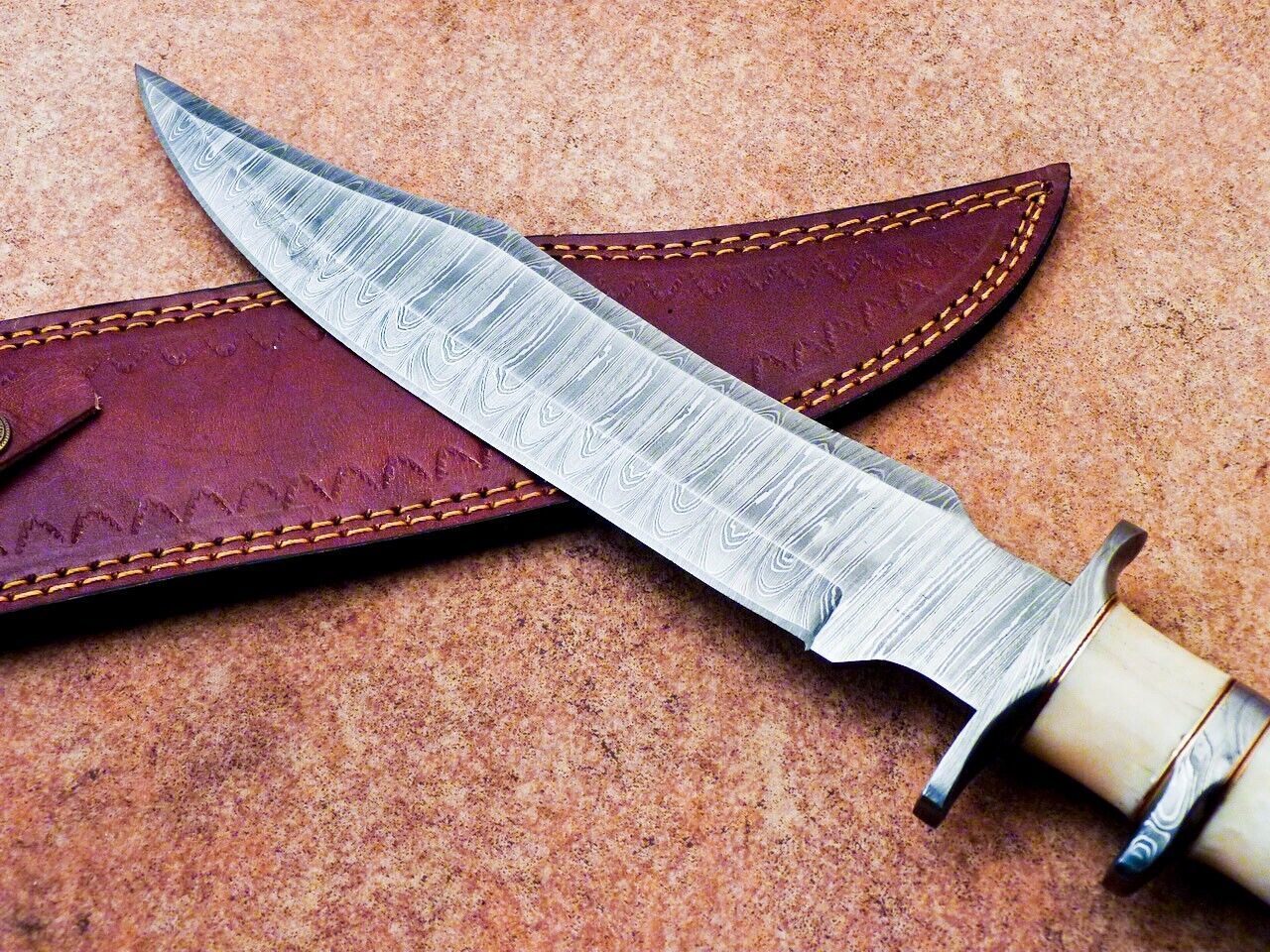 15 Inch Damascus Steel Bowie Knife with Camel Bone Handle