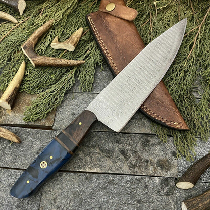 Custom Hand Forged Damascus Steel Hunting & Kitchen Chef Knife with Leather Sheath – Wood & Resin Handle