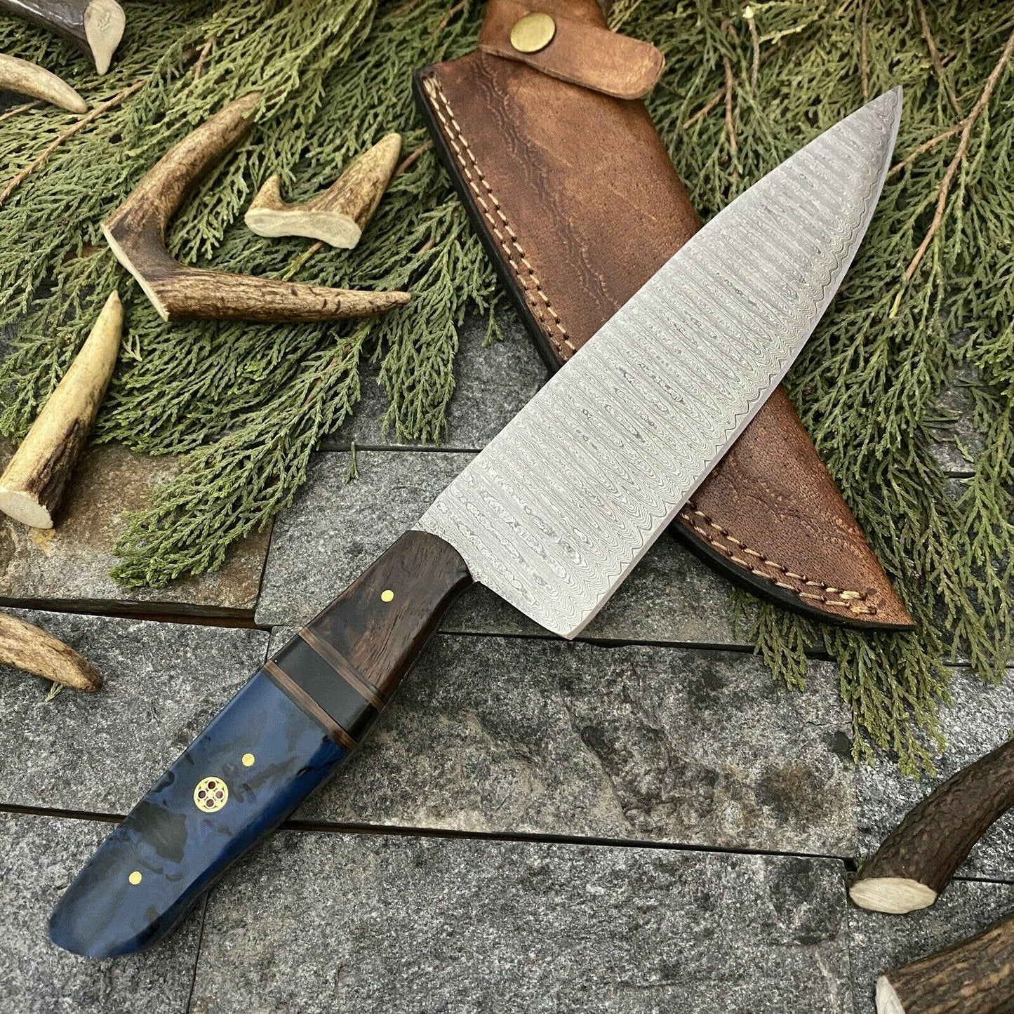 Custom Hand-Forged Damascus Steel Hunting & Kitchen Chef Knife with Leather Sheath – 13" Overall