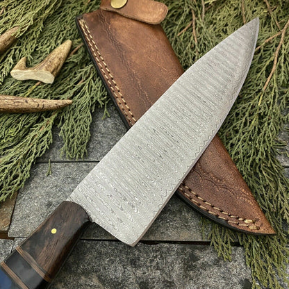 Custom Hand-Forged Damascus Steel Hunting & Kitchen Chef Knife with Leather Sheath – 13" Overall