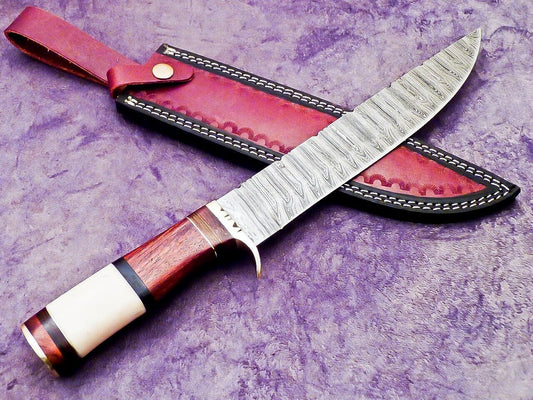 15 Inch Handmade Damascus Steel Hunting Knife with Camel Bone and Wood Handle by Heritage Forge