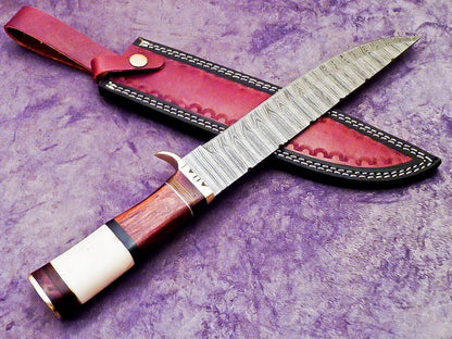 15 Inch Handmade Damascus Steel Hunting Knife with Camel Bone and Wood Handle by Heritage Forge