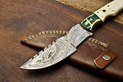 10.0" Handmade Damascus Steel Tracker Knife | Camel Bone Full Tang Survival Blade