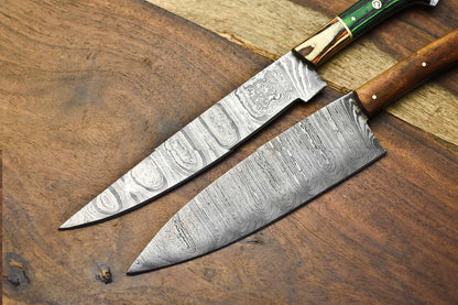 Lot of 2 Custom Handmade Damascus Steel Chef Knives | Full Tang Kitchen Knife Set