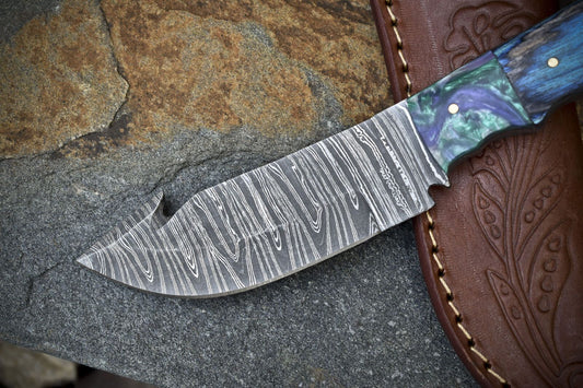 Twist Damascus Gut Hook Skinner Knife with Hardwood Handle and Leather Sheath
