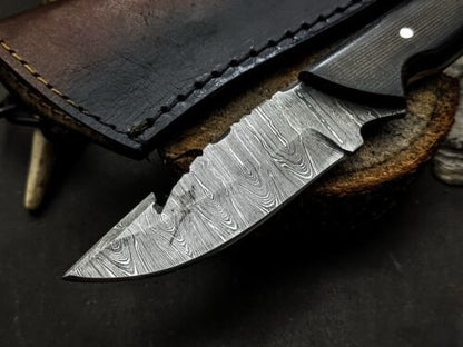 Heritage Forge Damascus Gut Hook Hunting Knife with G10 Micarta Handle and Leather Sheath