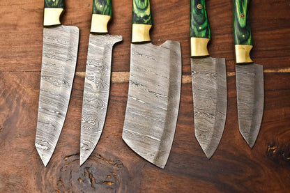 Custom Lot Of 5 Rare Handmade Damascus Steel Blade Chef Set Knife
