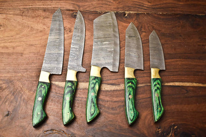 Custom Lot Of 5 Rare Handmade Damascus Steel Blade Chef Set Knife
