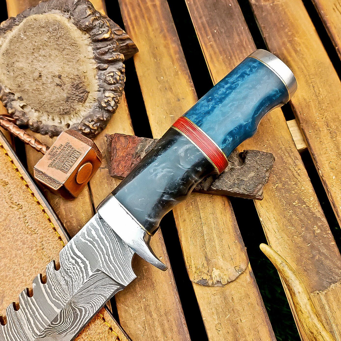 12 Inch Damascus Steel Bowie Knife with Resin Handle and Leather Sheath