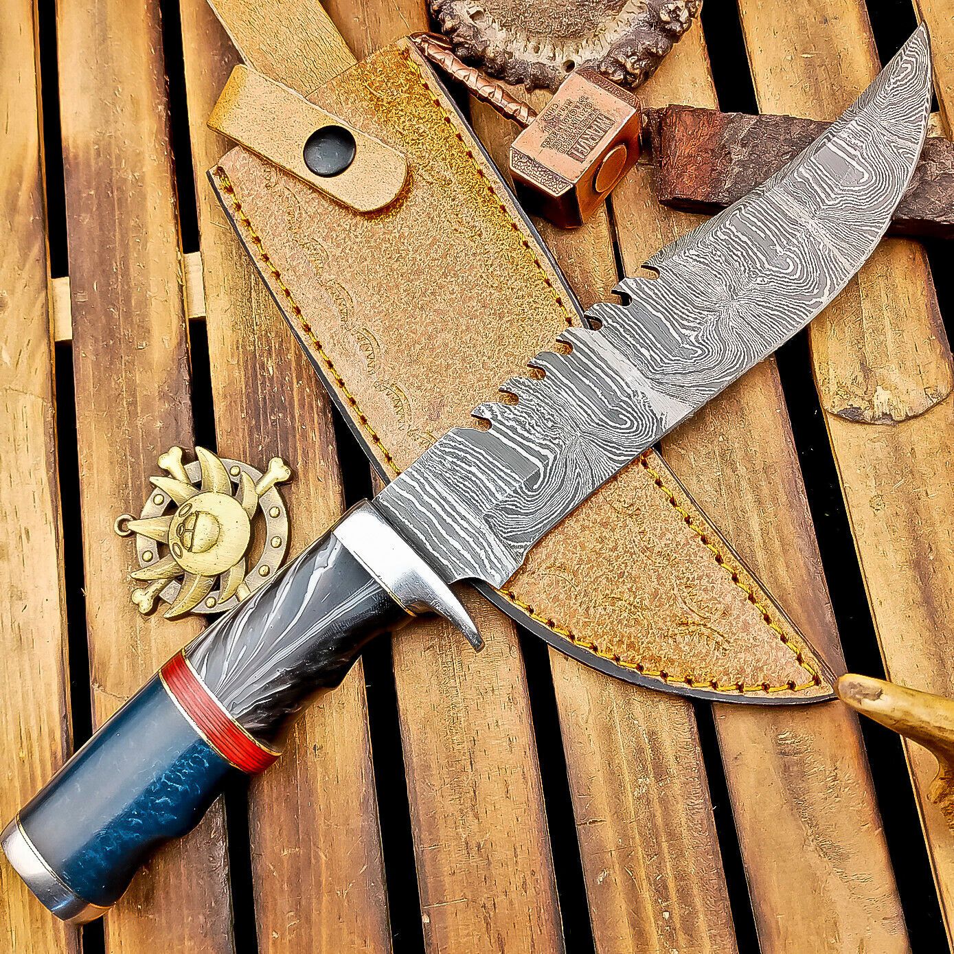 12 Inch Damascus Steel Bowie Knife with Resin Handle and Leather Sheath