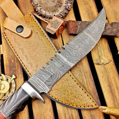12 Inch Damascus Steel Bowie Knife with Resin Handle and Leather Sheath