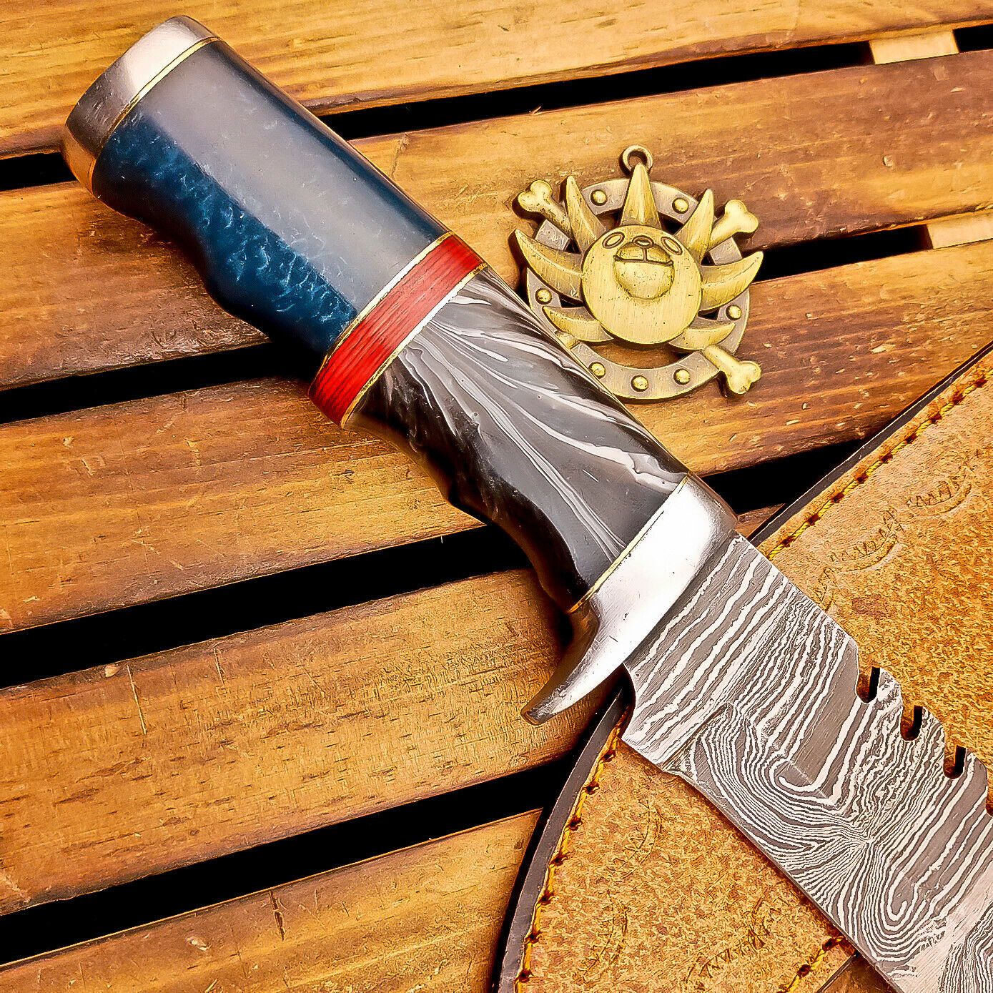 12 Inch Damascus Steel Bowie Knife with Resin Handle and Leather Sheath