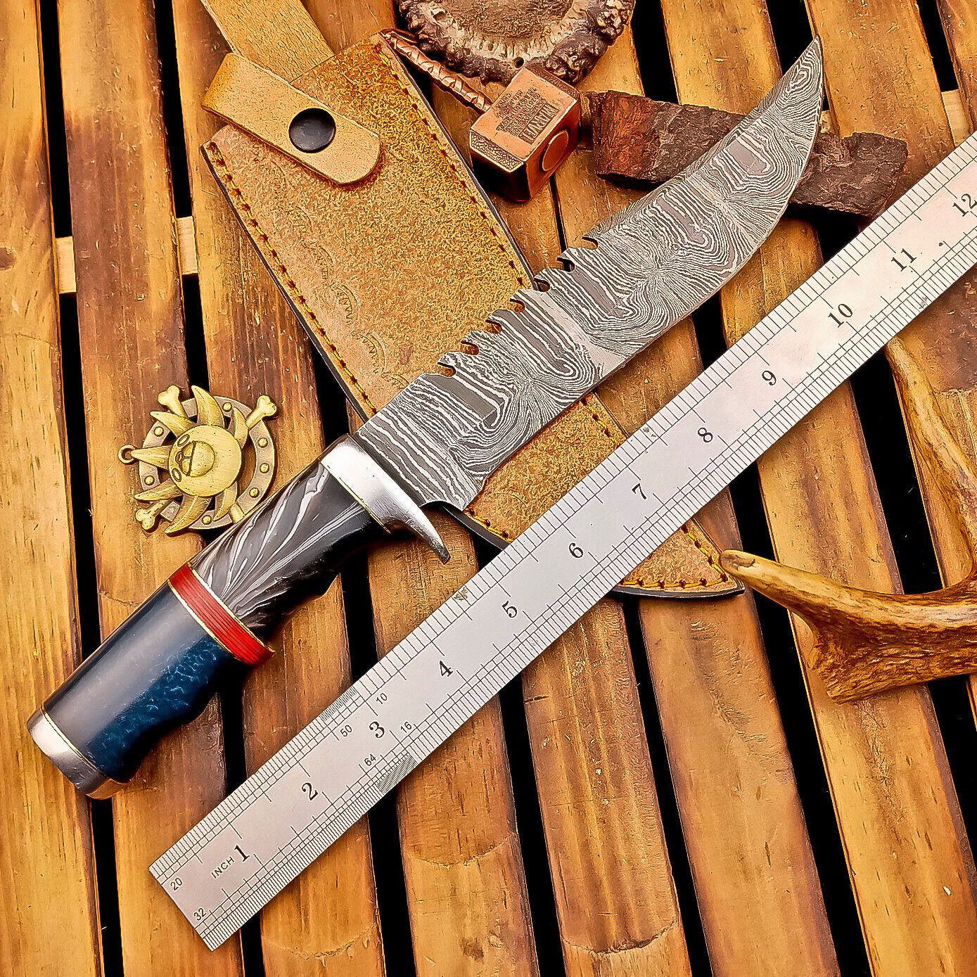 12 Inch Damascus Steel Bowie Knife with Resin Handle and Leather Sheath