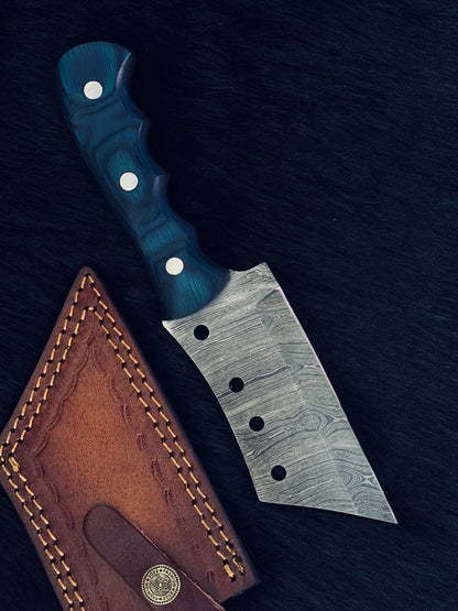 Heritage Forge 8.5 Inch Damascus Tanto Cleaver Knife with Camel Bone and Wood Handle