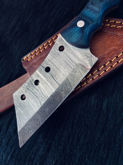 Heritage Forge 8.5 Inch Damascus Tanto Cleaver Knife with Camel Bone and Wood Handle