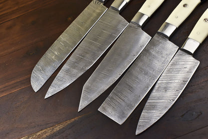 White Beer 5-Piece Custom Handmade Damascus Steel Chef Knife Set | Camel Bone Handle